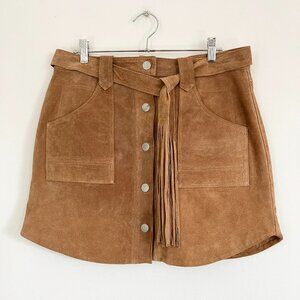 Blank NYC Real Suede Leather Button Front Mini Skirt w/ Fringe Belt